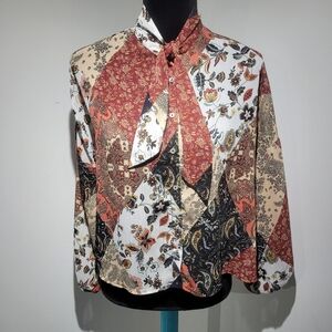 Stradivarius Women's Sheer Paisley/Floral Patchwork Blouse w/ Bow Small Orange